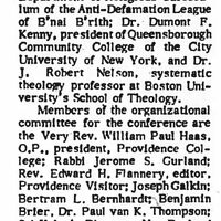 Newspaper clipping titled "Catholic-Jewish Conference Planned At Providence College," announcing a November 11 event with keynote speakers and listing members of the organizational committee.
