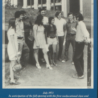 A group of young people, both men and women, standing outside a building talking to one another. The photograph is part of a display about the college's Summer Orientation Program, highlighting the anticipation of the fall opening with the first coeducational class and new curriculum at the college.