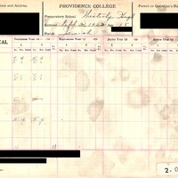 A scanned academic transcript from Providence College's pre-medical program, dated 1928, listing subjects, grades, and student details such as age, preparatory school, and parish.