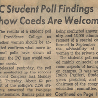 Newspaper clipping with the headline "PC Student Poll Findings Show Coeds Are Welcome." The article discusses the results of a student poll at Providence College on whether women should be admitted with 82.6% of students support admitting women.