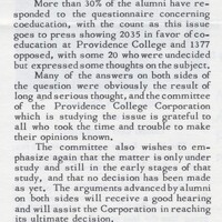 Newspaper clipping with the headline "Alumni In Favor Of Co-Education." The article discusses the results of a questionnaire concerning coeducation at Providence College, showing that more than 30% of alumni responded, with 2035 in favor, 1317 opposed, and many undecided but expressing thoughts on the subject.