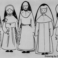 A cartoon of seven sisters wearing different type of habits. The text below reads 'Drawing by Sr. Mary Serra, O.P., of Maryland.'