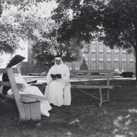 Two nuns are sitting outside on benches below some trees reading from books. There are buildings in the background.