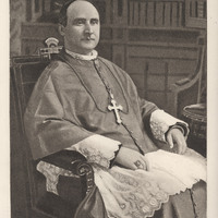 Portrait of Bishop Matthew Harkins from 1889, seated in clerical attire with a pectoral cross, set against a backdrop of bookshelves.