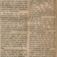 Newspaper clipping titled 'PC Student Poll Findings Show Coeds Are Welcome.' The article continues from page one and discusses the results of a poll conducted among students regarding the addition of women to the school which reveals that 95% of students support coeducation.