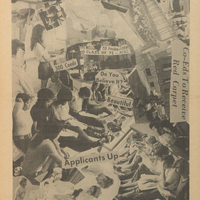 Collage of black and white photographs from a newspaper page, featuring various scenes of people, text snippets, and headlines.