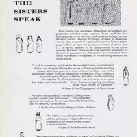 A page titled 'The Sisters Speak' featuring testimonials from various nuns about the Providence College Summer School of Sacred Theology. The page includes illustrations of nuns in different habits and quotes from four different religious sisters, each expressing their appreciation for the program and its impact on their spiritual lives and teaching.