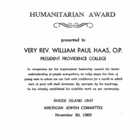 Certificate titled 'Humanitarian Award' presented to Very Rev. William Paul Haas, O.P., President of Providence College, by the Rhode Island Unit of the American Jewish Committee on November 30, 1969.