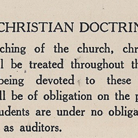A scanned page from a 1920 academic catalogue detailing Christian Doctrine coursework, including mandatory attendance for Catholic students and optional auditing for non-Catholic students.