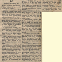Newspaper article titled "PC Students, at Least, Like the Idea of Coeds" discusses the opinions of Providence College students regarding coeducation. The article includes quotes from various students expressing their views on the matter, highlighting a range of perspectives on the integration of women into the college.
