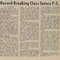 Newspaper article titled "Record Breaking Class Enters P.C." by Pat Lynn Slonina. The article discusses the record-breaking freshman class at Providence College, detailing the number of applications received, accepted, and enrolled students.
