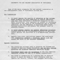 Typed document titled 'ARGUMENTS FOR AND AGAINST COEDUCATION AT PROVIDENCE' lists reasons for and against coeducation at the undergraduate level at Providence College.
